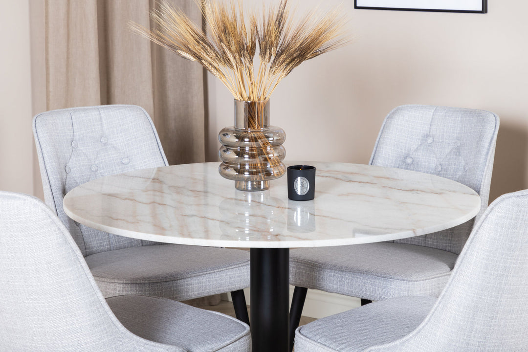 Venture Home Estelle Round Dining Table ø106 H75 - White / Black+Velvet Deluxe Dining Chair - Black Legs - Light Grey Fabric_4