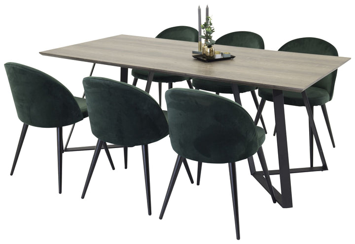 Venture Home Marina Dining table - Grey wood / black (1) + Velvet Chair - Green (6)