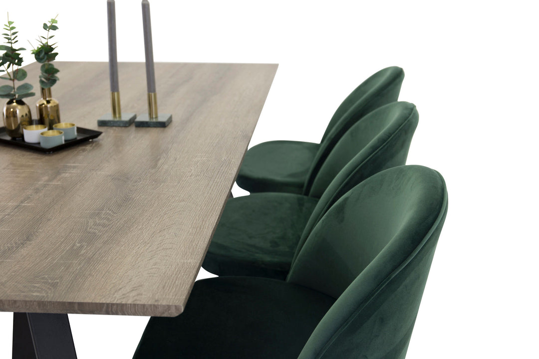 Venture Home Marina Dining table - Grey wood / black (1) + Velvet Chair - Green (6)