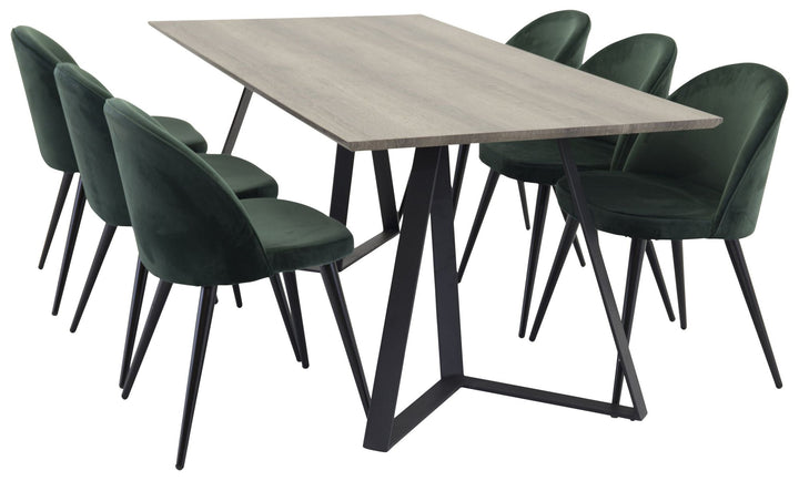 Venture Home Marina Dining table - Grey wood / black (1) + Velvet Chair - Green (6)