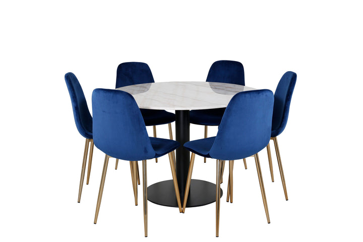 Venture Home Estelle Dining Table round 106cm White marble / Black Legs - Polar Chair - Blue Velvet / Matt brass leg 6
