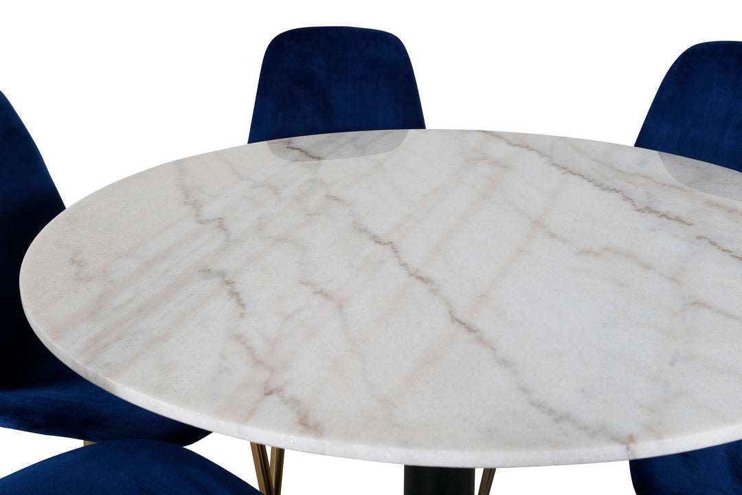 Venture Home Estelle Dining Table round 106cm White marble / Black Legs - Polar Chair - Blue Velvet / Matt brass leg 6