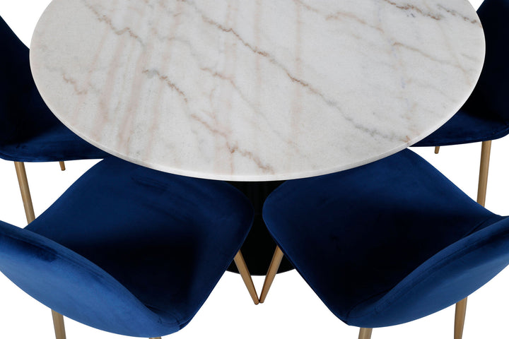 Venture Home Estelle Dining Table round 106cm White marble / Black Legs - Polar Chair - Blue Velvet / Matt brass leg 6