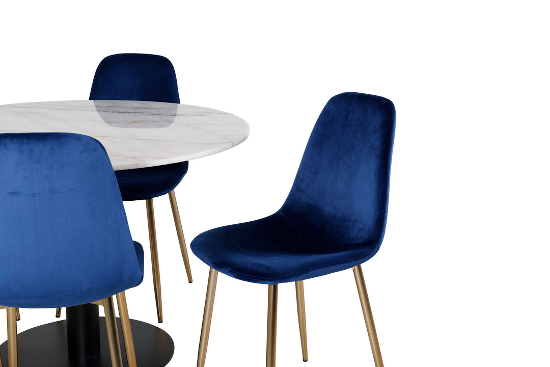 Venture Home Estelle Dining Table round 106cm White marble / Black Legs - Polar Chair - Blue Velvet / Matt brass leg 6