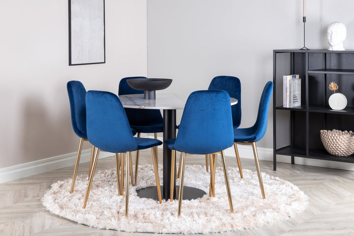 Venture Home Estelle Dining Table round 106cm White marble / Black Legs - Polar Chair - Blue Velvet / Matt brass leg 6