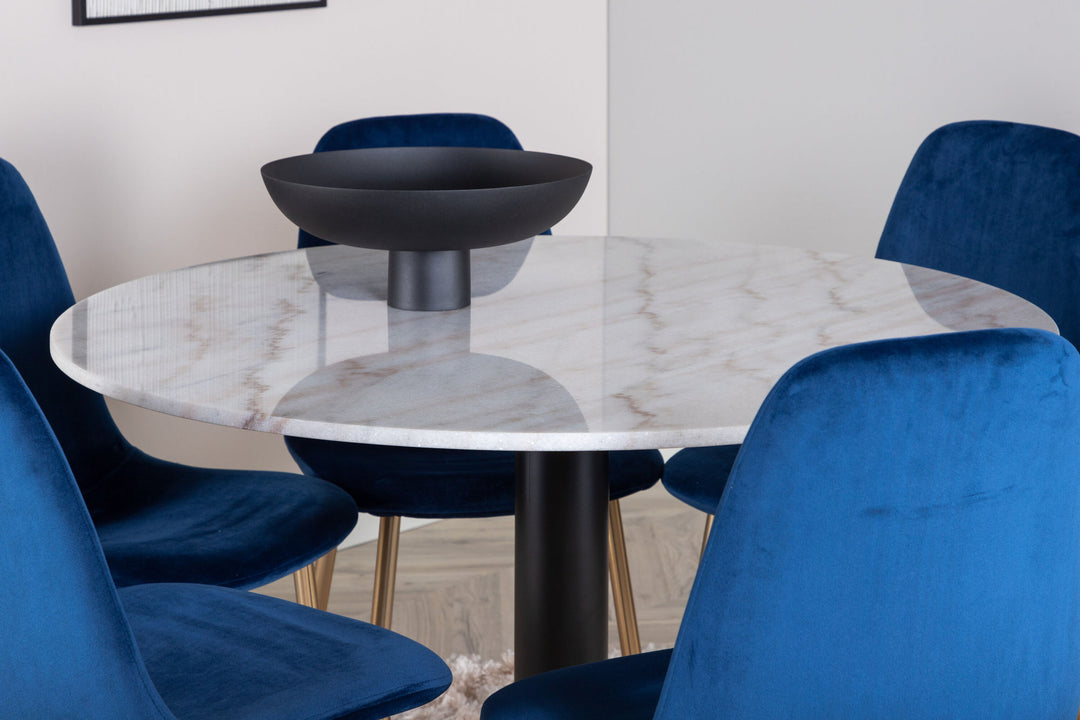 Venture Home Estelle Dining Table round 106cm White marble / Black Legs - Polar Chair - Blue Velvet / Matt brass leg 6