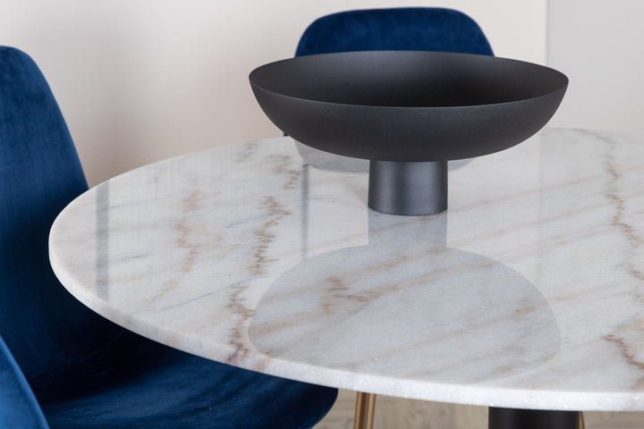 Venture Home Estelle Dining Table round 106cm White marble / Black Legs - Polar Chair - Blue Velvet / Matt brass leg 6