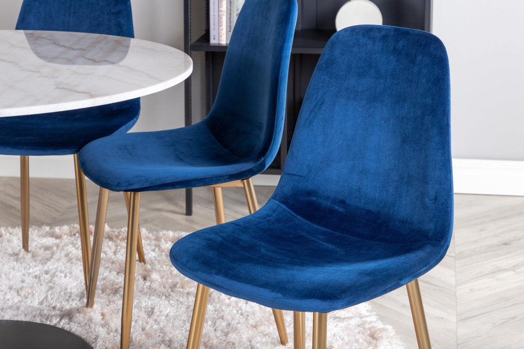 Venture Home Estelle Dining Table round 106cm White marble / Black Legs - Polar Chair - Blue Velvet / Matt brass leg 6