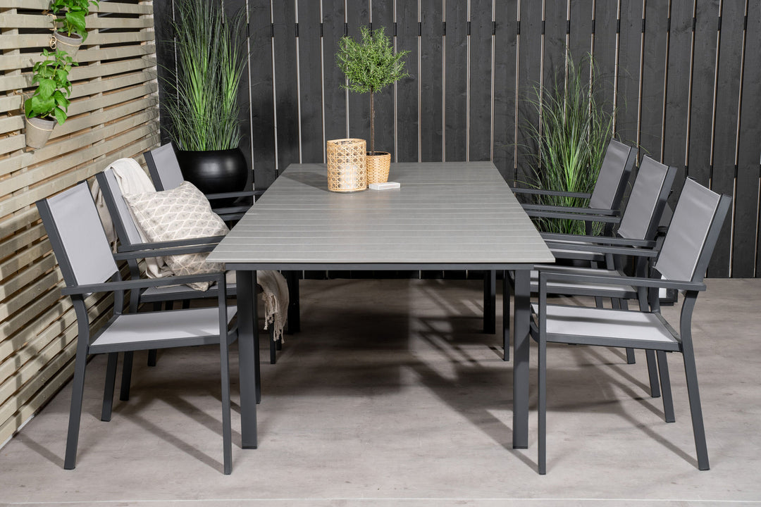 Venture Home Levels Dining Table 160/240*90 - Black Alu / Grey Aintwood +Copacabana Arm Chair (stackable) - Black Alu / Grey Textilene_6