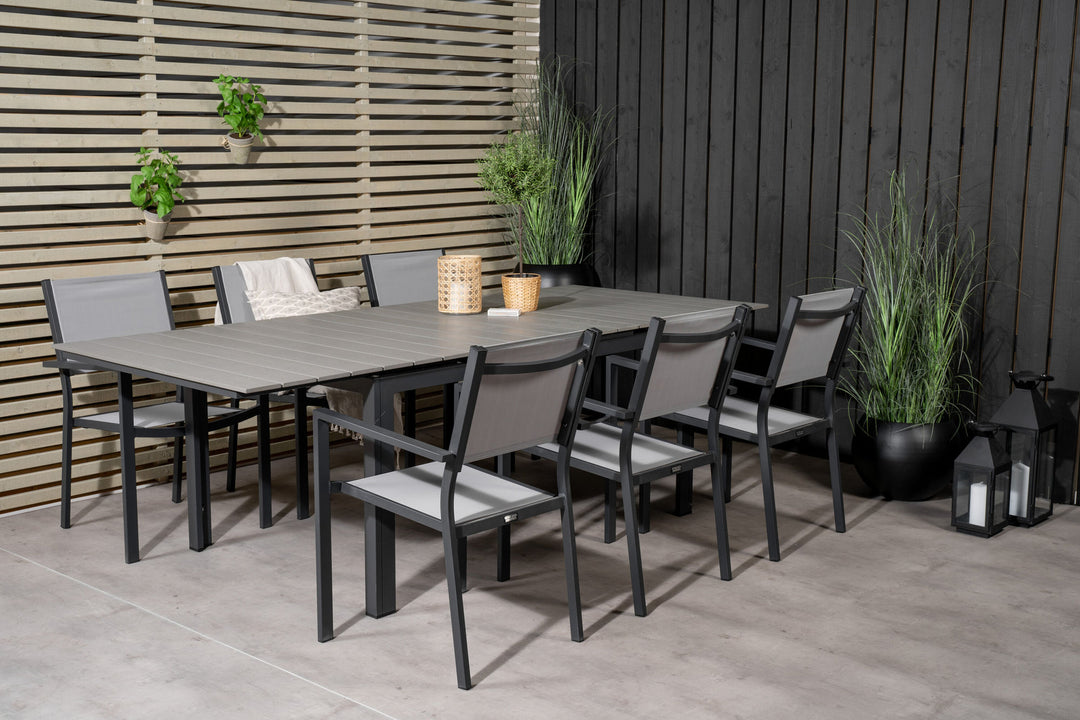 Venture Home Levels Dining Table 160/240*90 - Black Alu / Grey Aintwood +Copacabana Arm Chair (stackable) - Black Alu / Grey Textilene_6