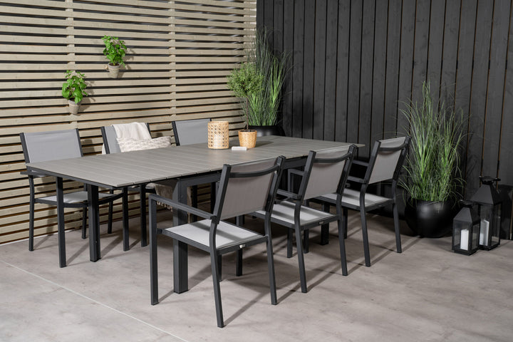 Venture Home Levels Dining Table 160/240*90 - Black Alu / Grey Aintwood +Copacabana Arm Chair (stackable) - Black Alu / Grey Textilene_6
