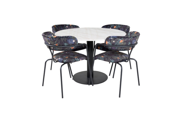 Venture Home Estelle Round Dining Table ø106 H75 - White / Black+Arrow armchair - Black Legs - Black Flower printed Fabric_4