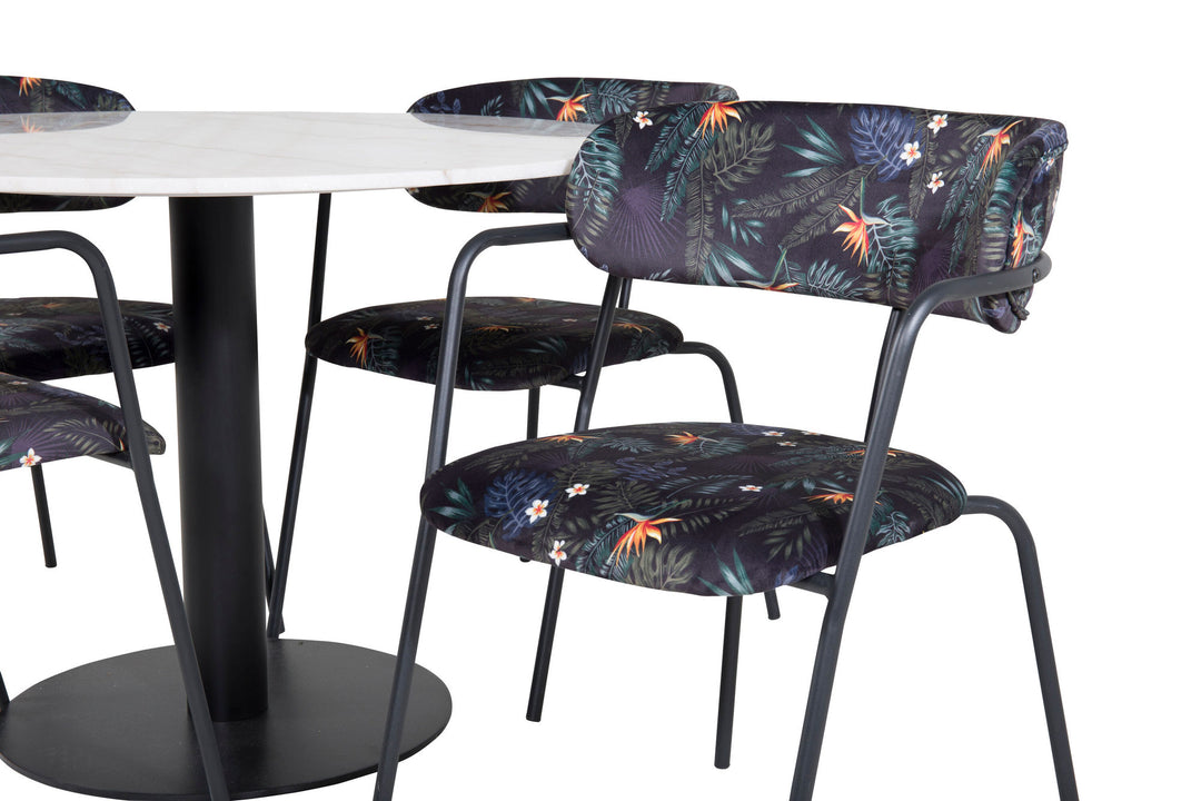 Venture Home Estelle Round Dining Table ø106 H75 - White / Black+Arrow armchair - Black Legs - Black Flower printed Fabric_4