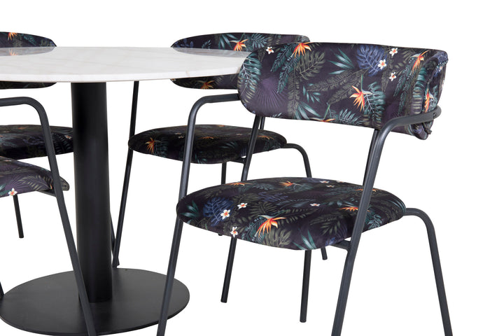 Venture Home Estelle Round Dining Table ø106 H75 - White / Black+Arrow armchair - Black Legs - Black Flower printed Fabric_4
