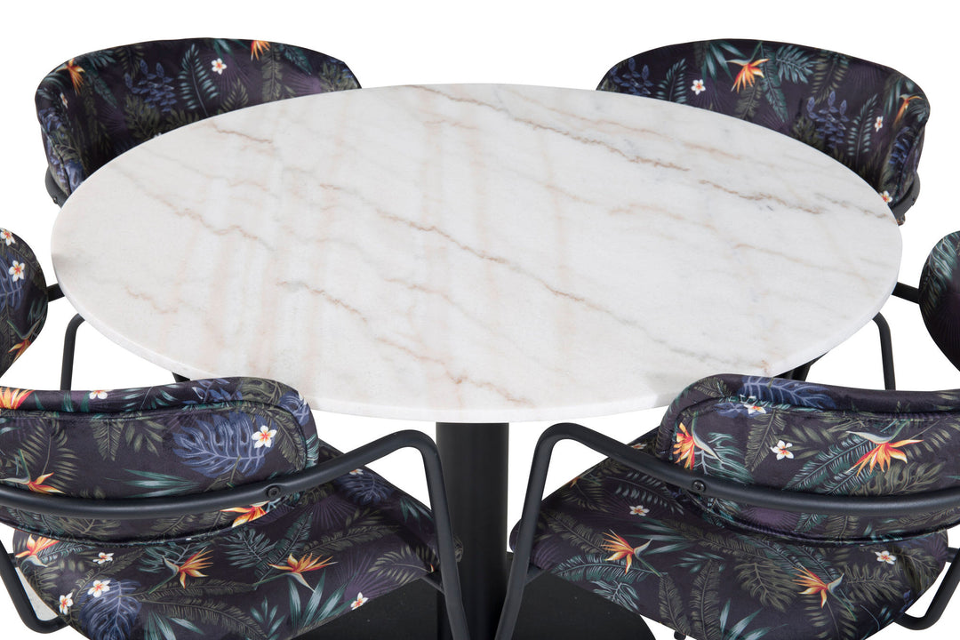 Venture Home Estelle Round Dining Table ø106 H75 - White / Black+Arrow armchair - Black Legs - Black Flower printed Fabric_4