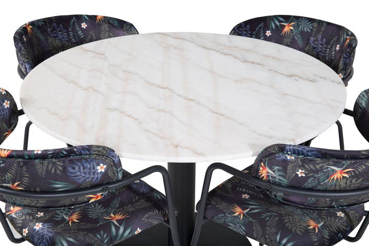 Venture Home Estelle Round Dining Table ø106 H75 - White / Black+Arrow armchair - Black Legs - Black Flower printed Fabric_4