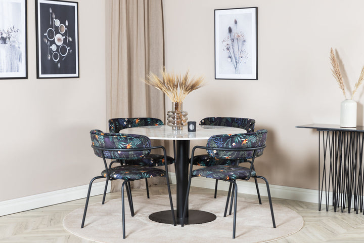 Venture Home Estelle Round Dining Table ø106 H75 - White / Black+Arrow armchair - Black Legs - Black Flower printed Fabric_4