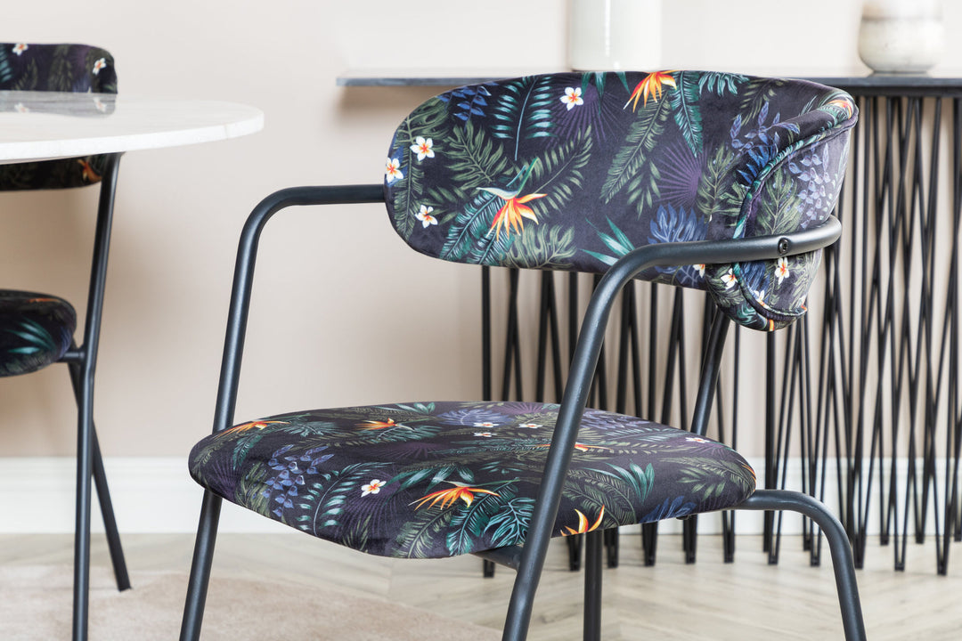 Venture Home Estelle Round Dining Table ø106 H75 - White / Black+Arrow armchair - Black Legs - Black Flower printed Fabric_4