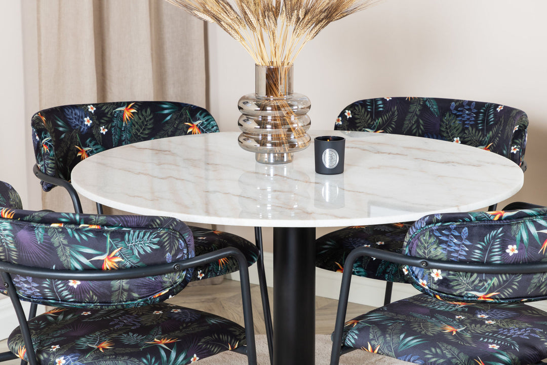Venture Home Estelle Round Dining Table ø106 H75 - White / Black+Arrow armchair - Black Legs - Black Flower printed Fabric_4