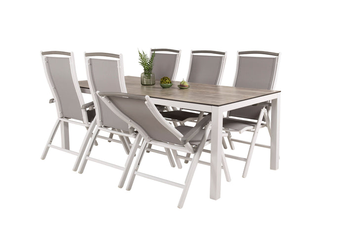 Venture Home Llama Dining Table 205*100 - White Alu / Grey HPL - Albany 5:pos Chair - White/Grey 6