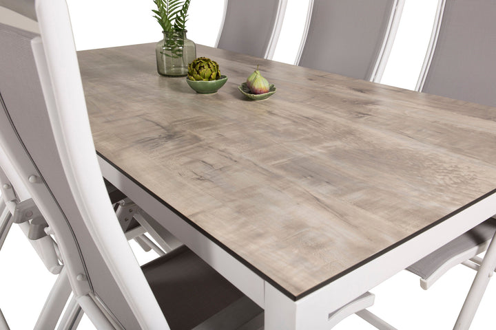Venture Home Llama Dining Table 205*100 - White Alu / Grey HPL - Albany 5:pos Chair - White/Grey 6