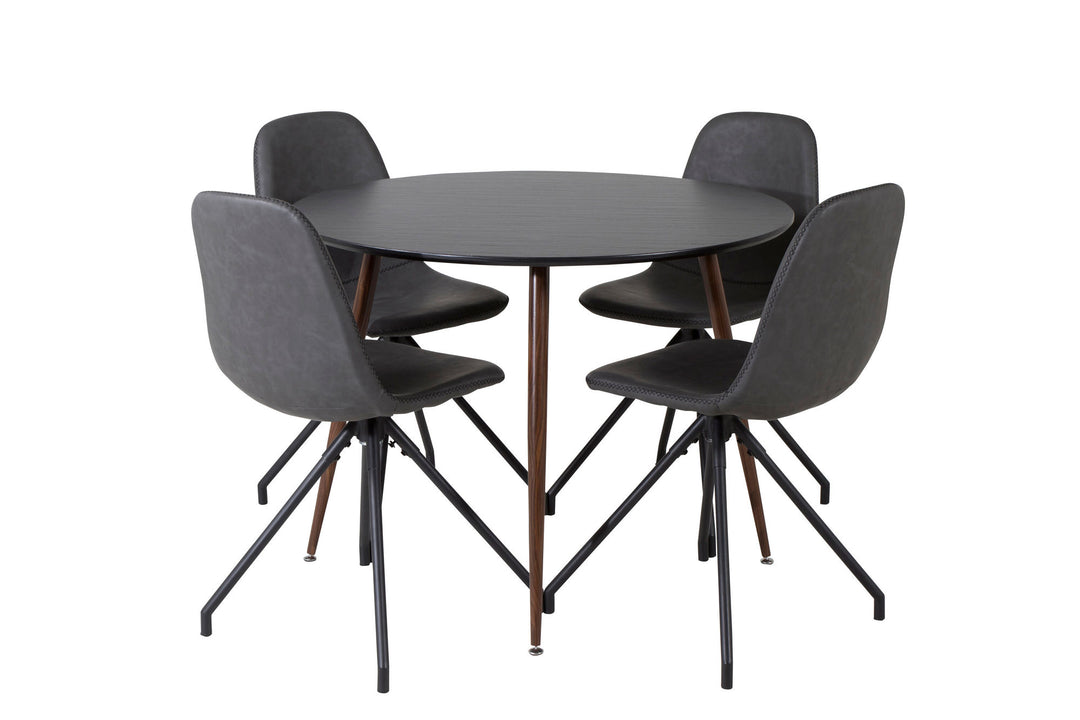 Venture Home Plaza Round Table 100 cm - Black Top - Walnut legs+Polar Dining Chair with Spin function - black Legs - Black PU - Black Stitches_4
