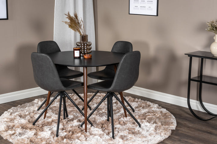 Venture Home Plaza Round Table 100 cm - Black Top - Walnut legs+Polar Dining Chair with Spin function - black Legs - Black PU - Black Stitches_4