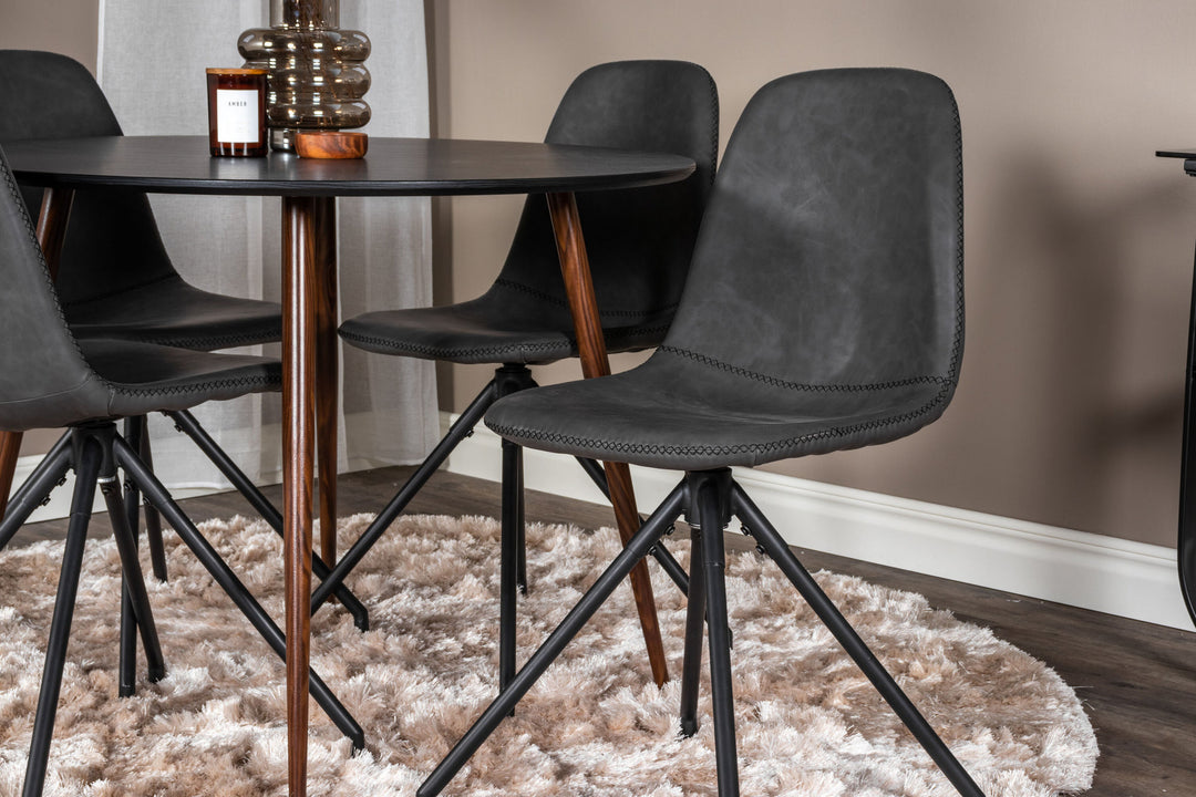 Venture Home Plaza Round Table 100 cm - Black Top - Walnut legs+Polar Dining Chair with Spin function - black Legs - Black PU - Black Stitches_4