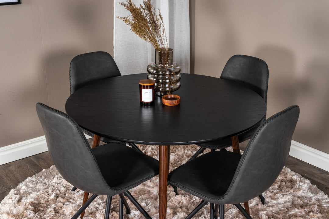 Venture Home Plaza Round Table 100 cm - Black Top - Walnut legs+Polar Dining Chair with Spin function - black Legs - Black PU - Black Stitches_4