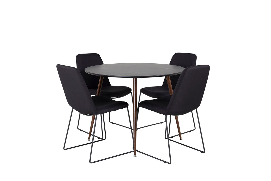 Venture Home Plaza Round Table 100 cm - Black Top - Walnut legs+Muce Dining Chair - Black Legs - Black Fabric_4