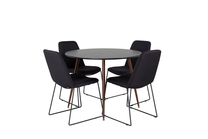 Venture Home Plaza Round Table 100 cm - Black Top - Walnut legs+Muce Dining Chair - Black Legs - Black Fabric_4