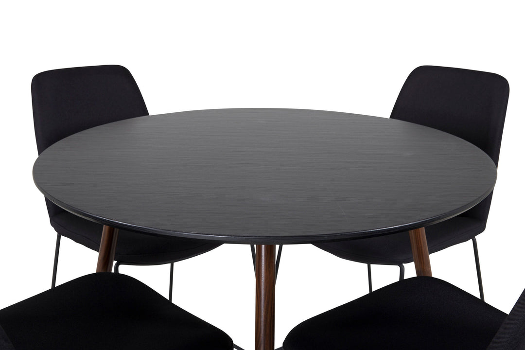 Venture Home Plaza Round Table 100 cm - Black Top - Walnut legs+Muce Dining Chair - Black Legs - Black Fabric_4