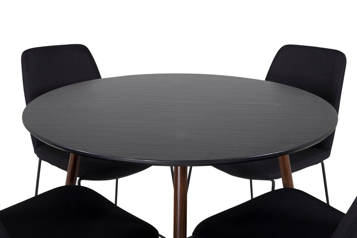 Venture Home Plaza Round Table 100 cm - Black Top - Walnut legs+Muce Dining Chair - Black Legs - Black Fabric_4