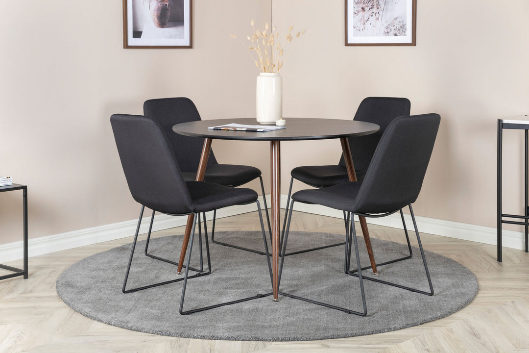 Venture Home Plaza Round Table 100 cm - Black Top - Walnut legs+Muce Dining Chair - Black Legs - Black Fabric_4