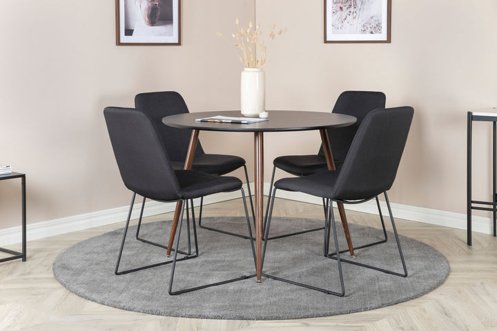 Venture Home Plaza Round Table 100 cm - Black Top - Walnut legs+Muce Dining Chair - Black Legs - Black Fabric_4