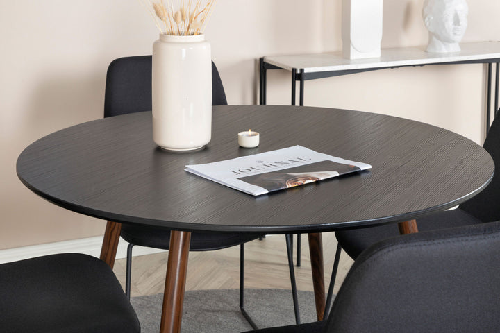 Venture Home Plaza Round Table 100 cm - Black Top - Walnut legs+Muce Dining Chair - Black Legs - Black Fabric_4