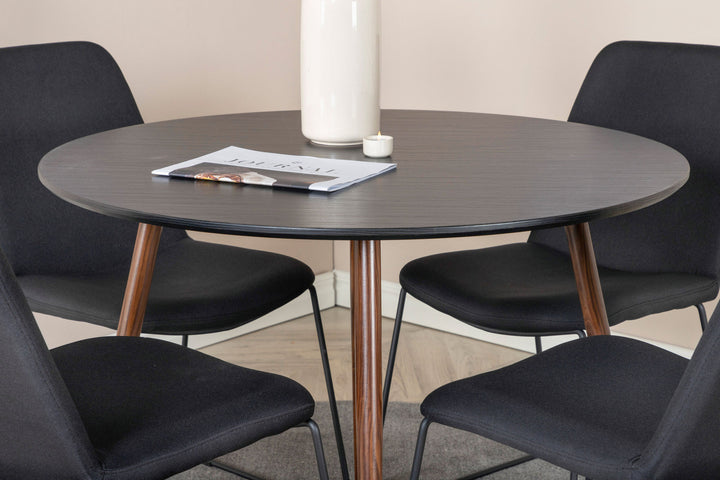 Venture Home Plaza Round Table 100 cm - Black Top - Walnut legs+Muce Dining Chair - Black Legs - Black Fabric_4