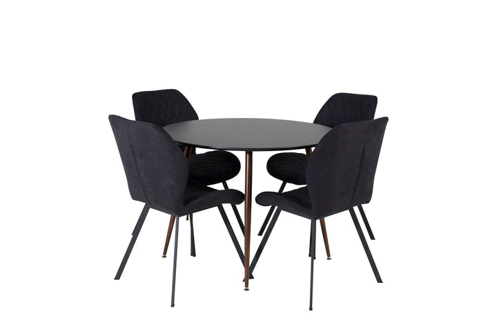 Venture Home Plaza Round Table 100 cm - Black Top - Walnut legs+Gemma Dining Chair - Black Legs - Black Fabric_4