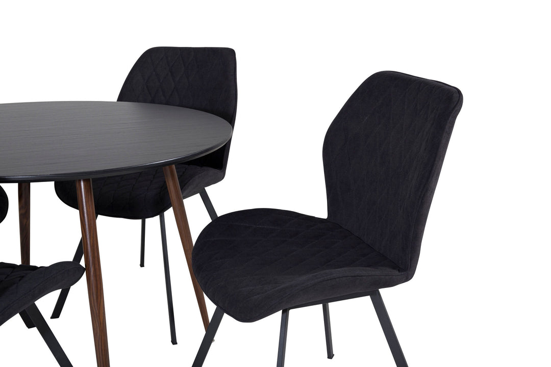 Venture Home Plaza Round Table 100 cm - Black Top - Walnut legs+Gemma Dining Chair - Black Legs - Black Fabric_4