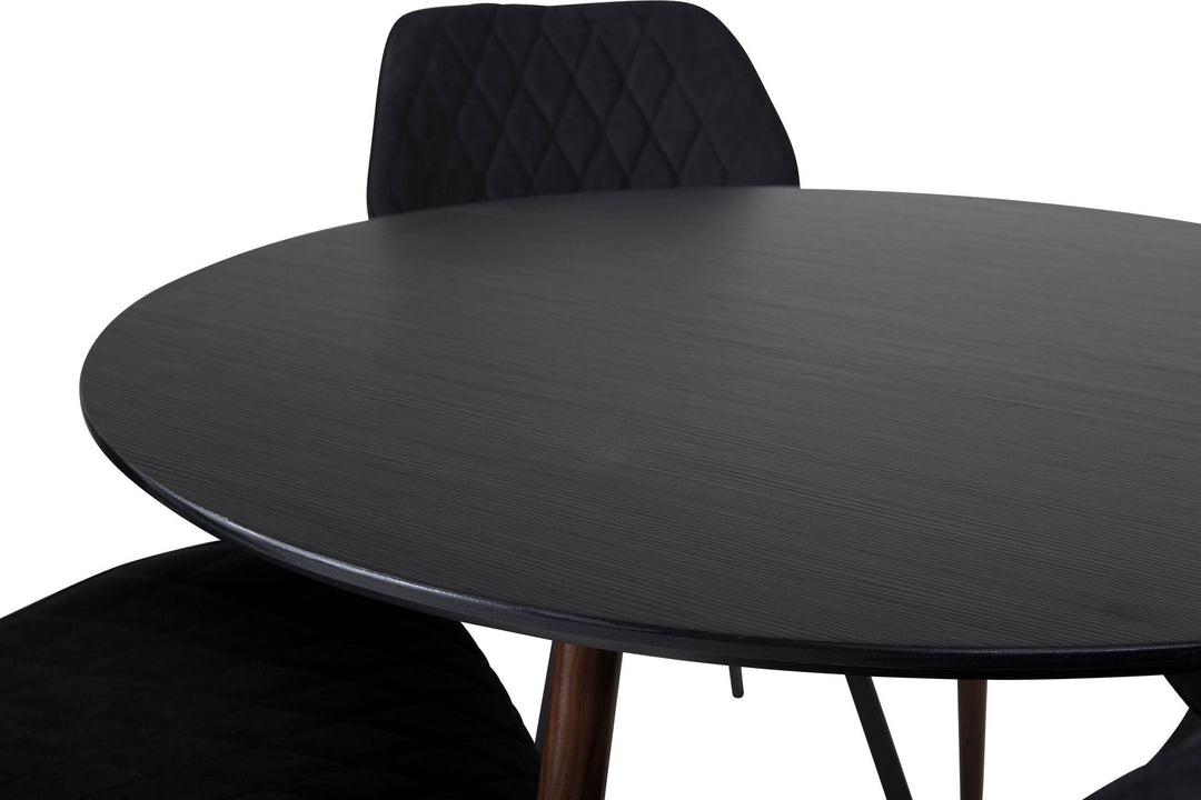 Venture Home Plaza Round Table 100 cm - Black Top - Walnut legs+Gemma Dining Chair - Black Legs - Black Fabric_4