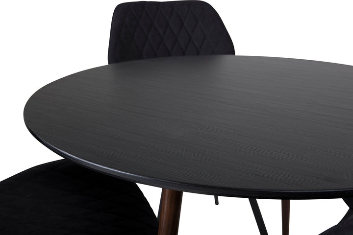 Venture Home Plaza Round Table 100 cm - Black Top - Walnut legs+Gemma Dining Chair - Black Legs - Black Fabric_4