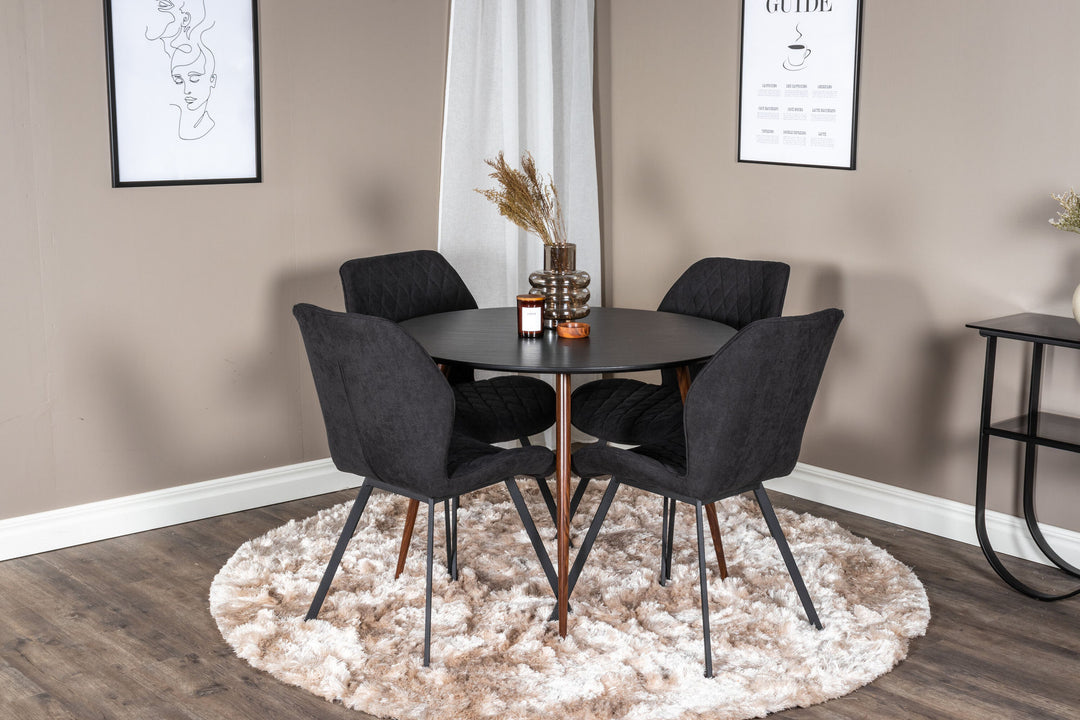 Venture Home Plaza Round Table 100 cm - Black Top - Walnut legs+Gemma Dining Chair - Black Legs - Black Fabric_4