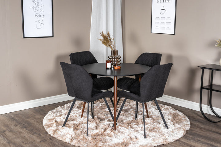 Venture Home Plaza Round Table 100 cm - Black Top - Walnut legs+Gemma Dining Chair - Black Legs - Black Fabric_4