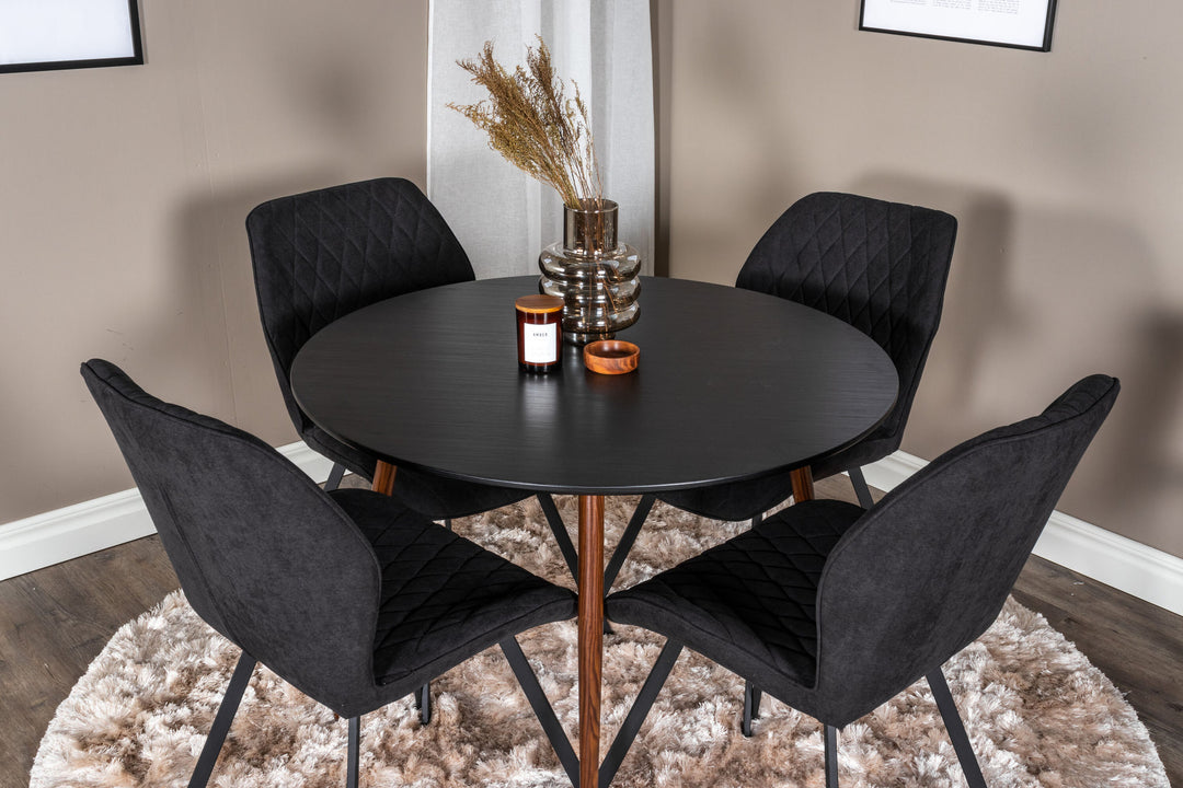 Venture Home Plaza Round Table 100 cm - Black Top - Walnut legs+Gemma Dining Chair - Black Legs - Black Fabric_4