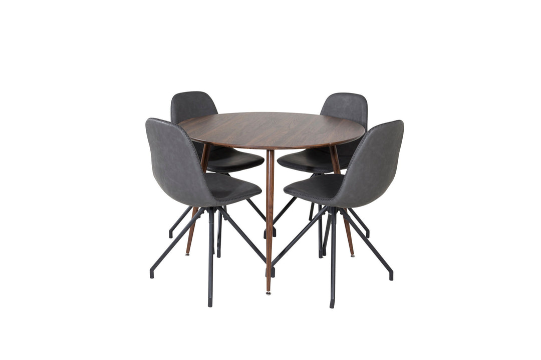 Venture Home Plaza Round table 100 cm - Walnut top - Walnut legs+Polar Dining Chair with Spin function - black Legs - Black PU - Black Stitches_4