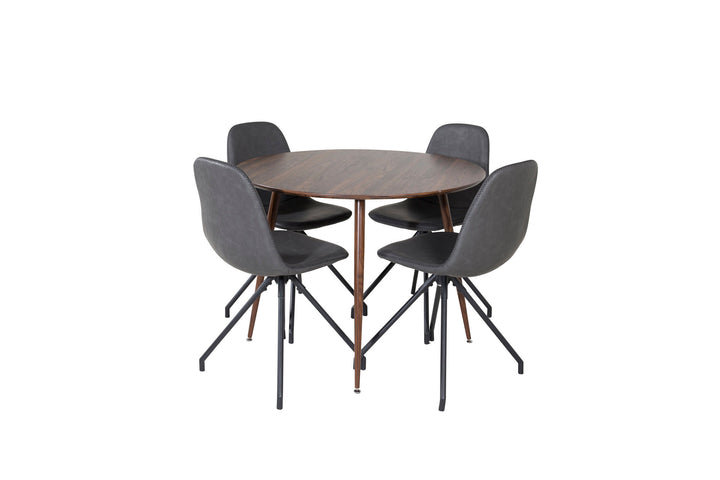 Venture Home Plaza Round table 100 cm - Walnut top - Walnut legs+Polar Dining Chair with Spin function - black Legs - Black PU - Black Stitches_4