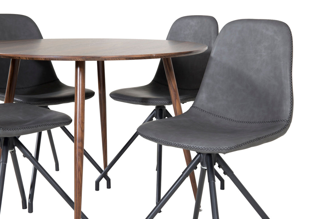 Venture Home Plaza Round table 100 cm - Walnut top - Walnut legs+Polar Dining Chair with Spin function - black Legs - Black PU - Black Stitches_4