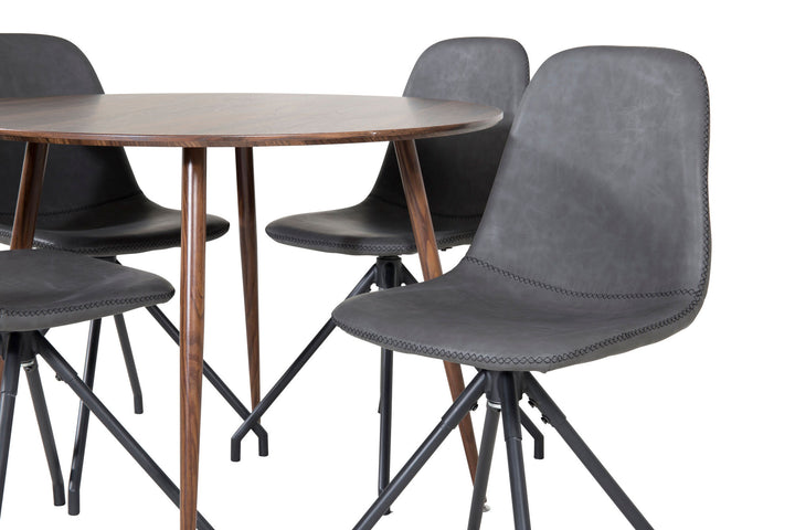 Venture Home Plaza Round table 100 cm - Walnut top - Walnut legs+Polar Dining Chair with Spin function - black Legs - Black PU - Black Stitches_4