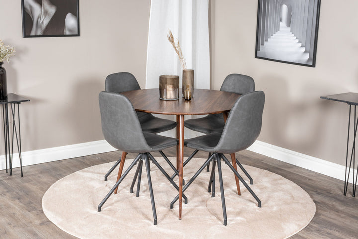 Venture Home Plaza Round table 100 cm - Walnut top - Walnut legs+Polar Dining Chair with Spin function - black Legs - Black PU - Black Stitches_4