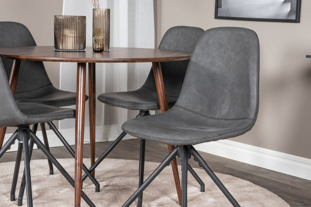 Venture Home Plaza Round table 100 cm - Walnut top - Walnut legs+Polar Dining Chair with Spin function - black Legs - Black PU - Black Stitches_4